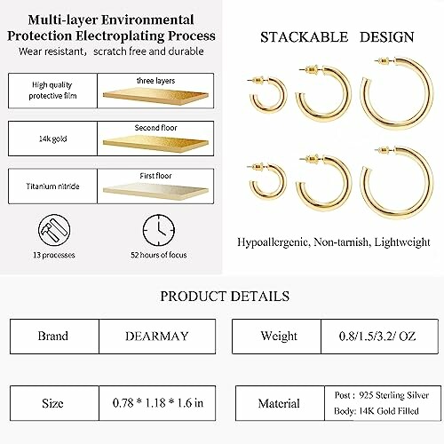 Gold hoop earrings with product details and design features.