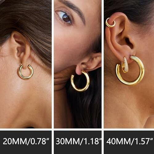 Three images comparing gold hoop earrings in sizes 20mm, 30mm, and 40mm.