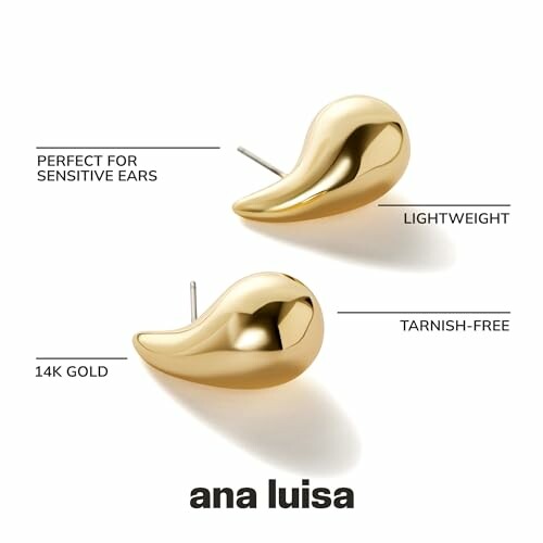 Gold stud earrings labeled perfect for sensitive ears, lightweight, tarnish-free, 14K gold.