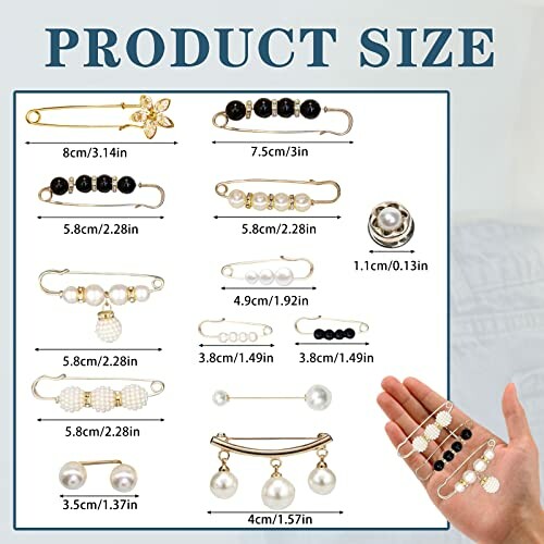 Various hair accessories with sizes displayed on a chart.