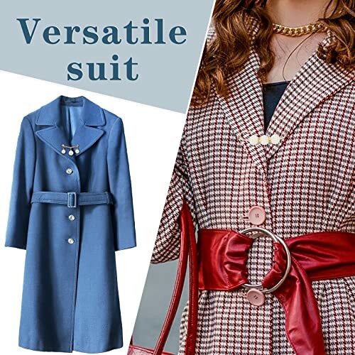 Versatile suit with blue coat and checkered coat with red belt.